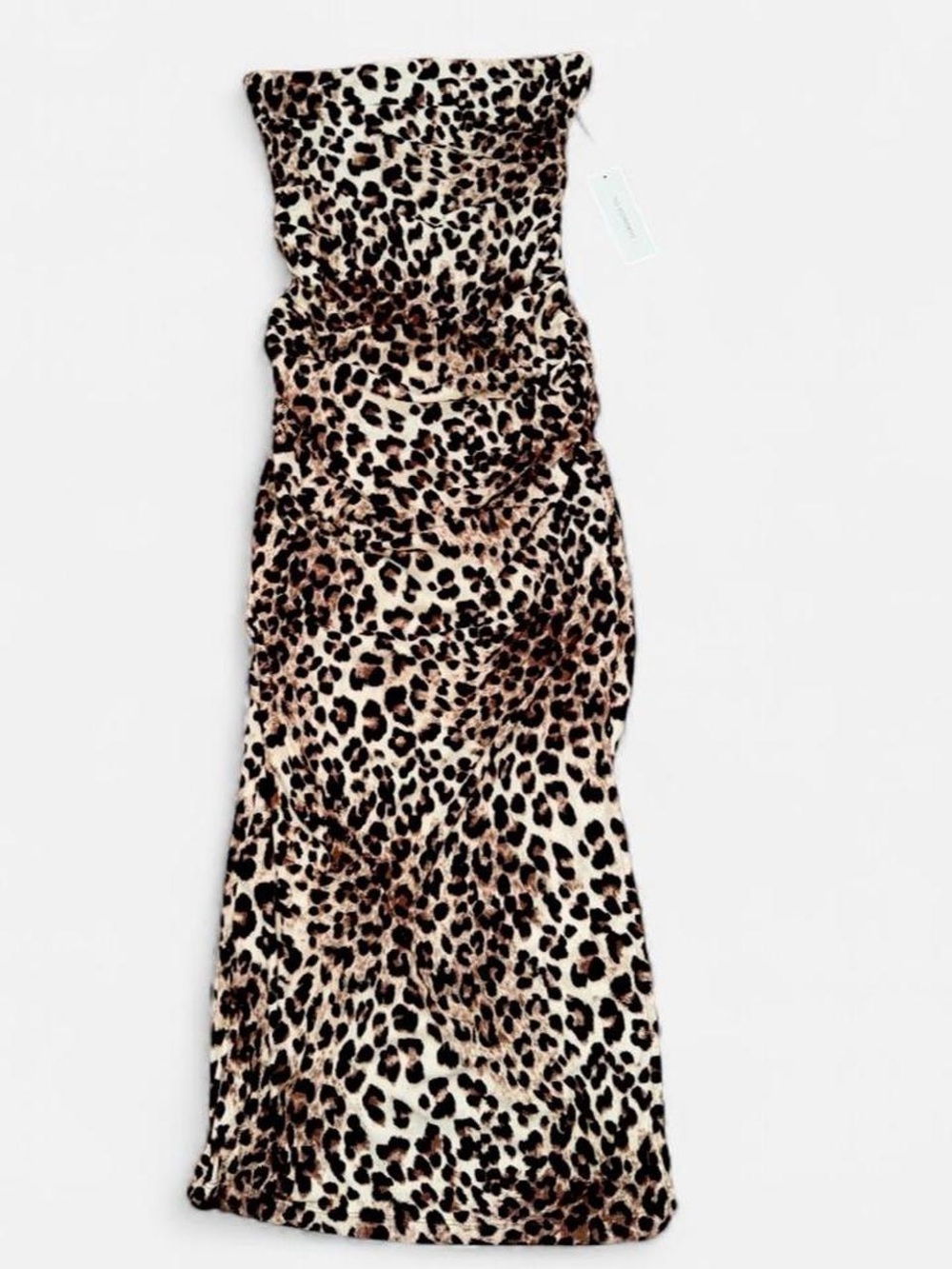 Strapless Leopard-Print Maxi Dress with Side Slit - Beige/Brown